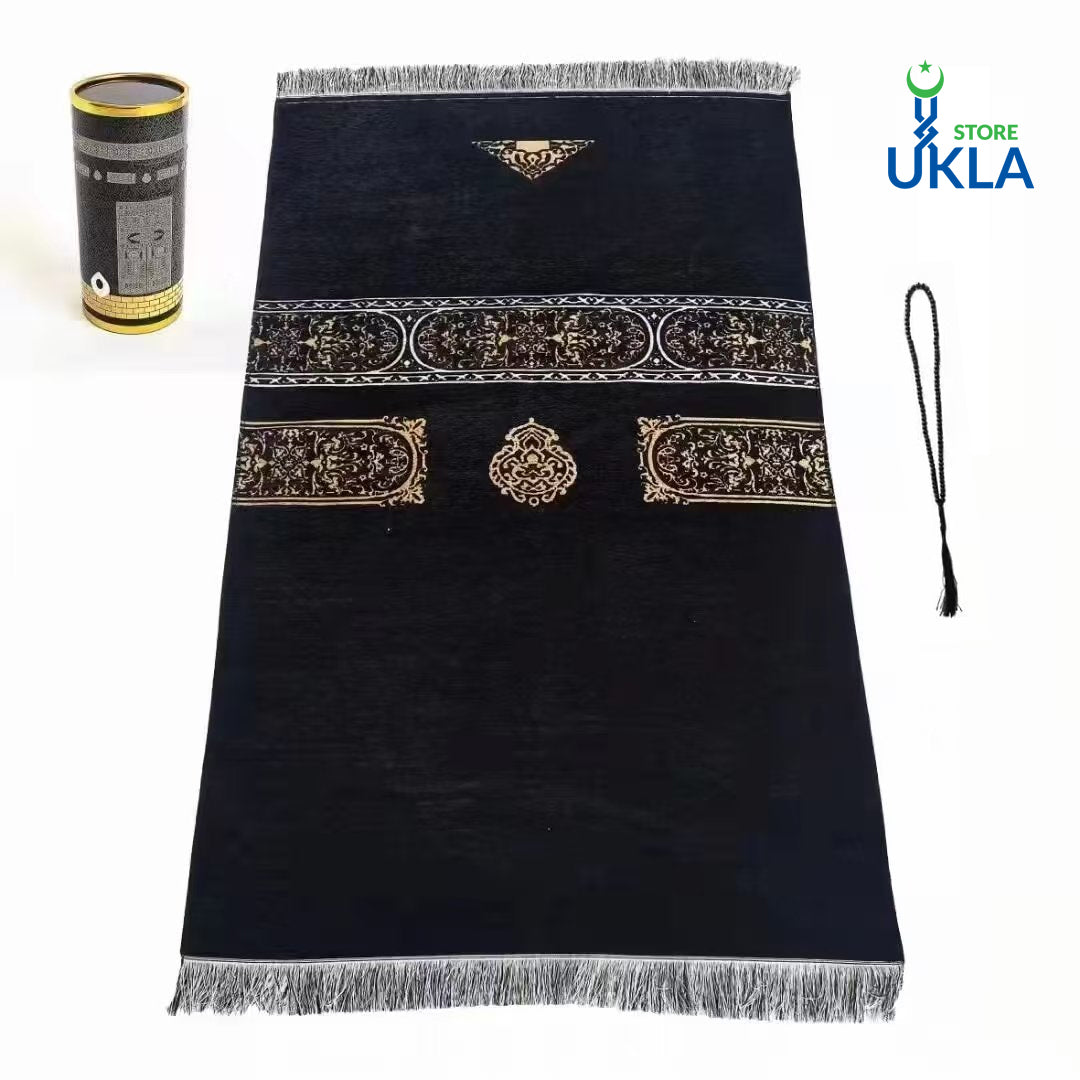 "Premium Islamic Gift Set – Black & Gold Prayer Mat with Tasbeeh and Elegant Box" by UKLA STORE