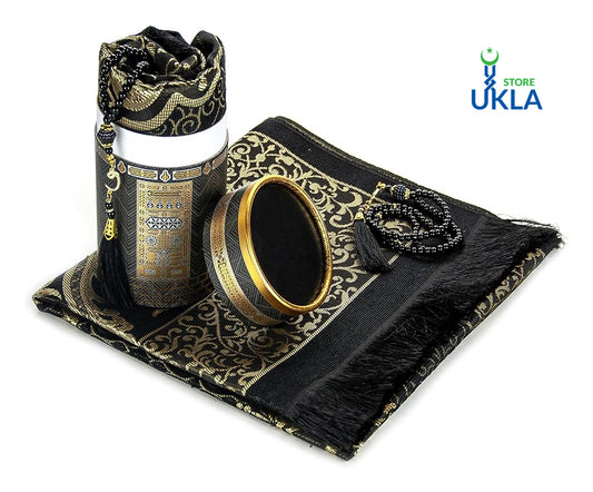 "Premium Islamic Gift Set – Black & Gold Prayer Mat with Tasbeeh and Elegant Box" by UKLA STORE