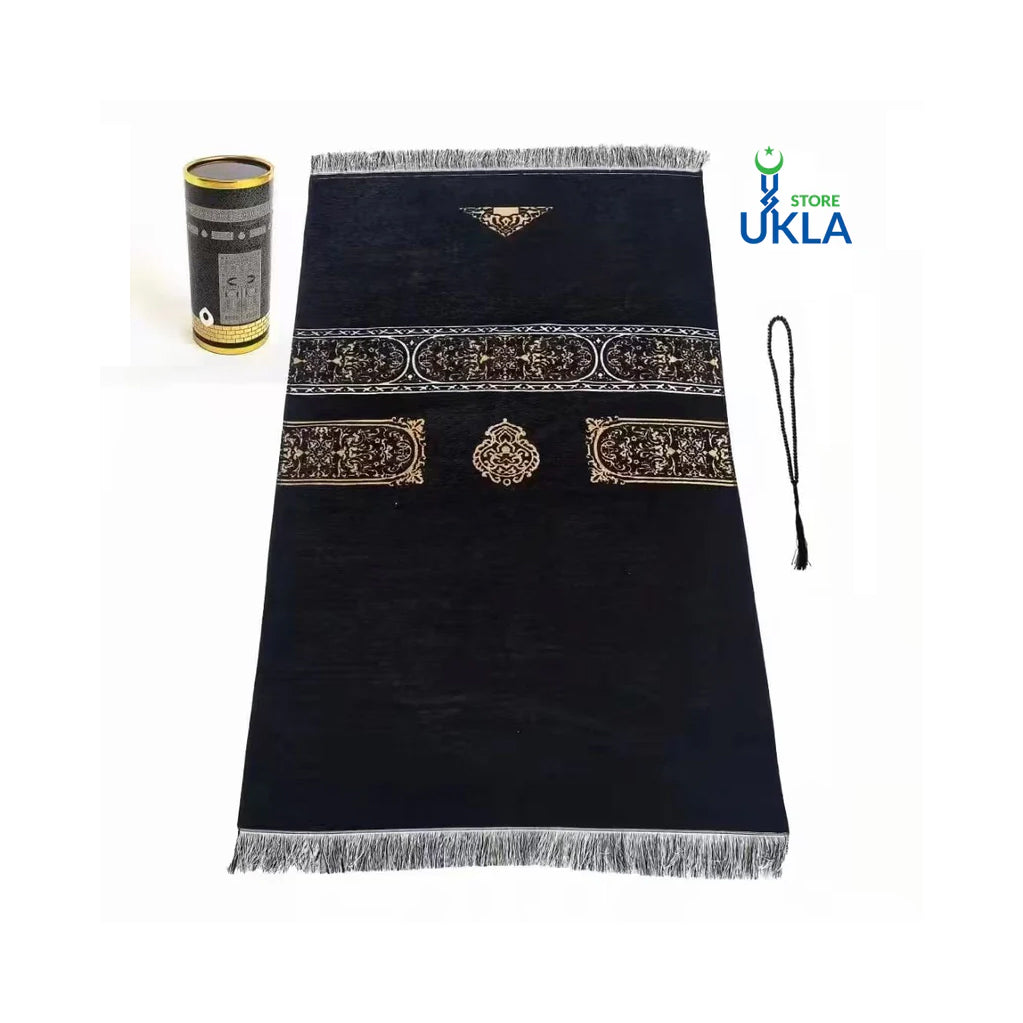 "Premium Islamic Gift Set – Black & Gold Prayer Mat with Tasbeeh and Elegant Box" by UKLA STORE