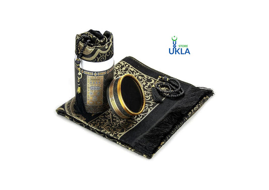 "Premium Islamic Gift Set – Black & Gold Prayer Mat with Tasbeeh and Elegant Box" by UKLA STORE